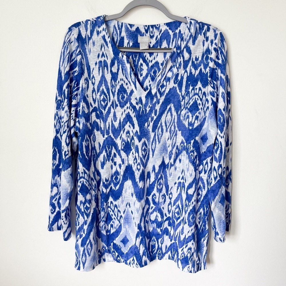 Chico's Ikat Linen Split Neck Tunic Top Womens Large Blue White‎ Coastal Mature